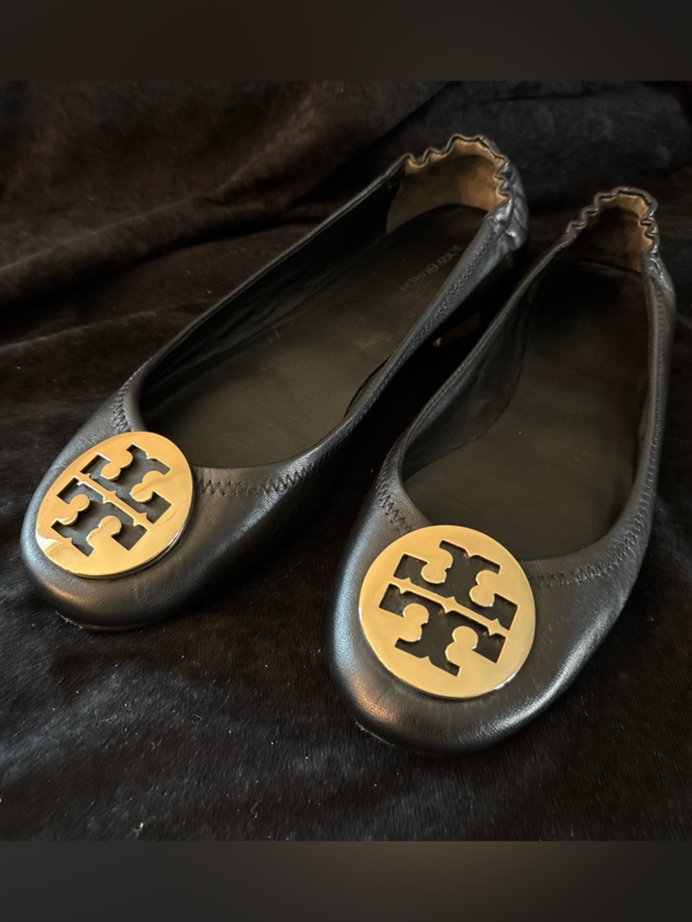 Tory Burch Black Leather Ballet Flats with Gold Logo Discs